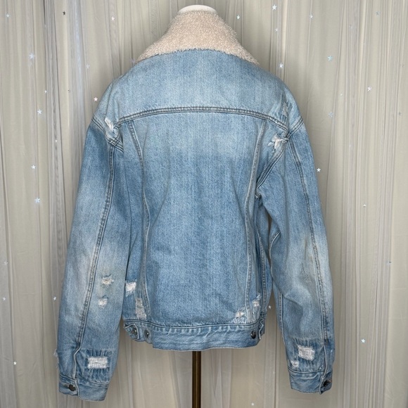 Free People Plaid Lined Denim Sherpa Collar Trucker Oversized Jacket *Flawed - Picture 3 of 9